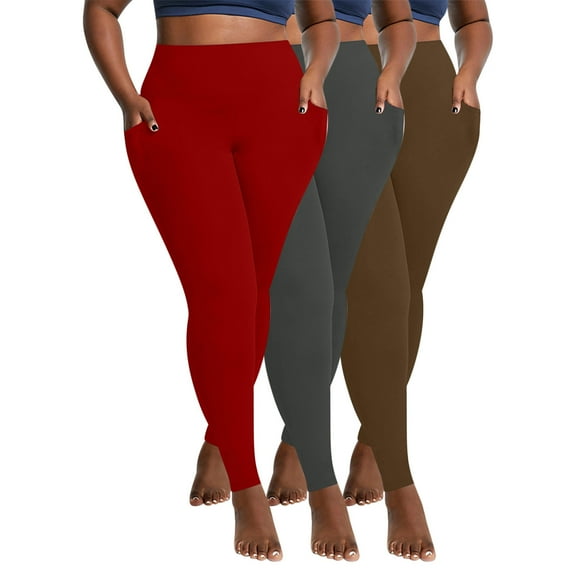 Qgtaibl 3 Pieces Leggings for Women Tummy Control High Waisted Yoga Pant Plus Size Gym Workout Pants with Pockets ( Red   Gray   Brown,XXXL )