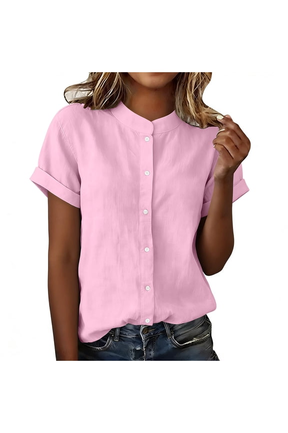 Button Down Shirts for Women Elegant Mock Neck Short Sleeve Blouse Linen Gauze Lightweight Breathable Tunic Tops Pink L