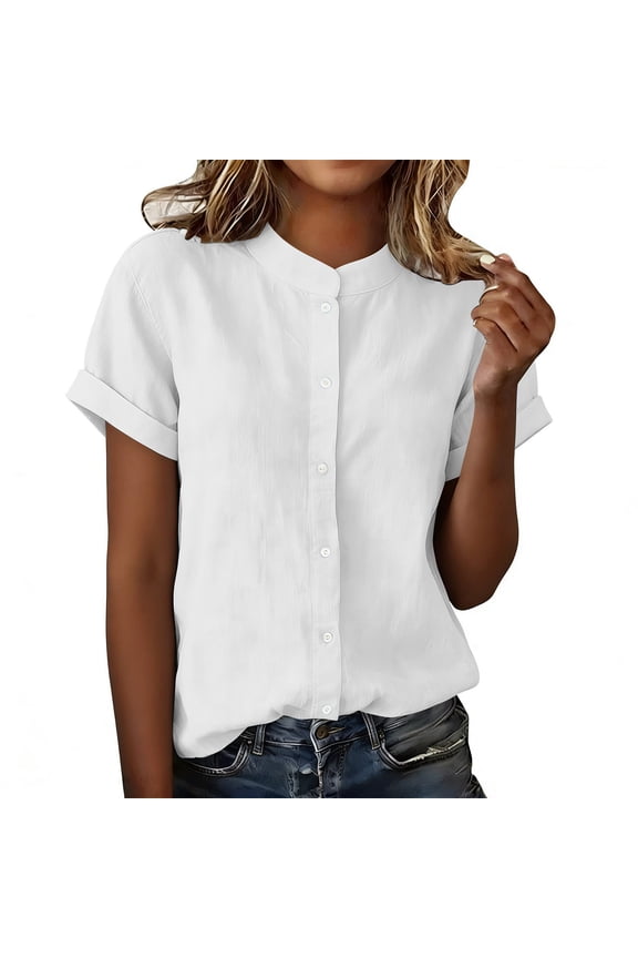 Button Down Shirts for Women Elegant Mock Neck Short Sleeve Blouse Linen Gauze Lightweight Breathable Tunic Tops White XL