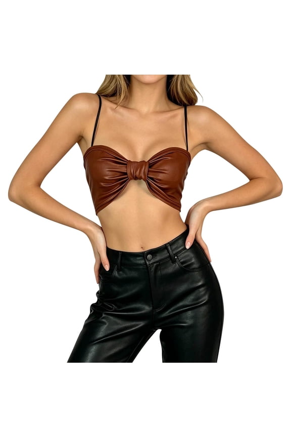 Cami Bras for Women Faux Leather Spaghetti Strap Crop Top Front Twist Bow Cutout Slim Y2K Club Party Bralette Coffee XXXL