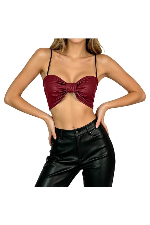 Cami Bras for Women Faux Leather Spaghetti Strap Crop Top Front Twist Bow Cutout Slim Y2K Club Party Bralette Wine XXL