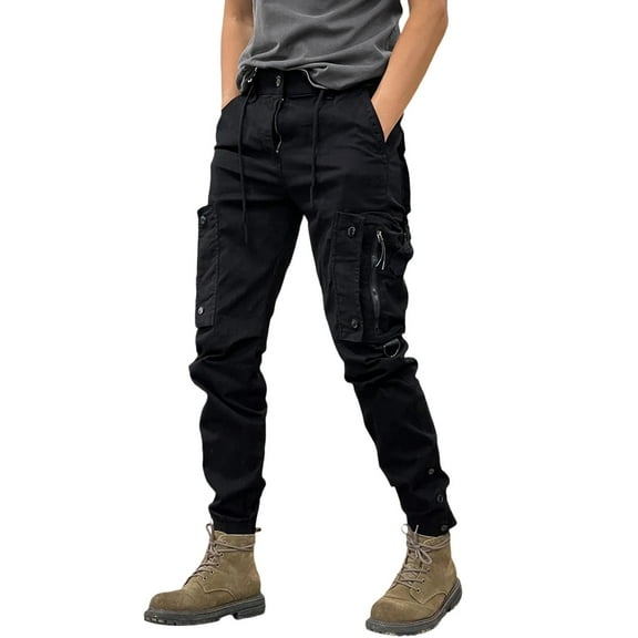 Qgtaibl Cargo Pants Men Drawstring Waist Joggers Pant Streetwear Tapered Pants with Multi-Pockets Black (Mens M)