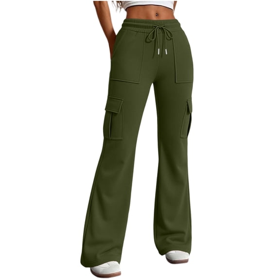Qgtaibl Cargo Pants for Women Drawstring Elastic High Waisted Flared Bootcut Lounge Trousers Solid Color Breathable Streetwear Sweatpants with Multi Pocket Army Green XXL