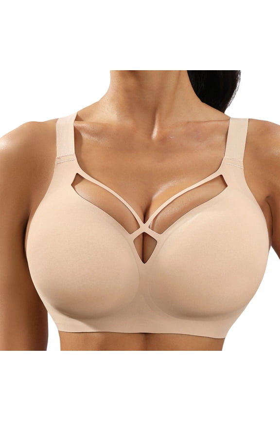 Comfort Wire Free Bra for Women Geometric Cutout Front Design Seamless Smooth Fabric Underwear High Support Padded Shaping Sports Bralettes Beige L