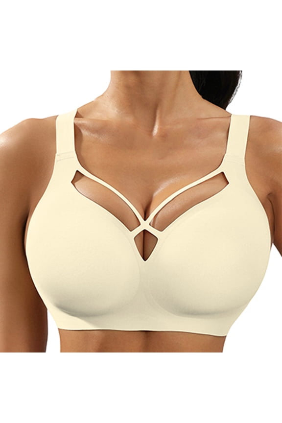 Comfort Wire Free Bra for Women Geometric Cutout Front Design Seamless Smooth Fabric Underwear High Support Padded Shaping Sports Bralettes White L