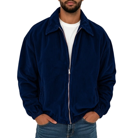 Qgtaibl Corduroy Jacket for Men Vintage Solid Color Zip Up Bomber Coat Loose Fit Lapel Causal Outwear with Pockets Navy L