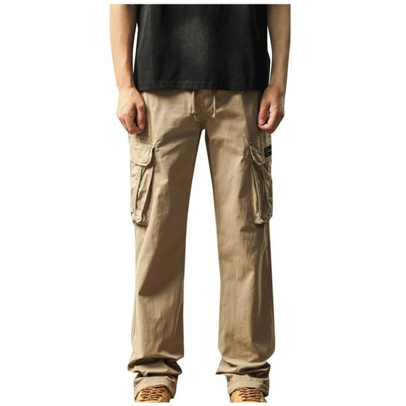 Qgtaibl Cotton Cargo Pants for Men Drawstring Elastic Waist Straight Leg Athletic Pant Multi-Pockets Hiking Joggers Tactical Pants Khaki (Mens 1X)
