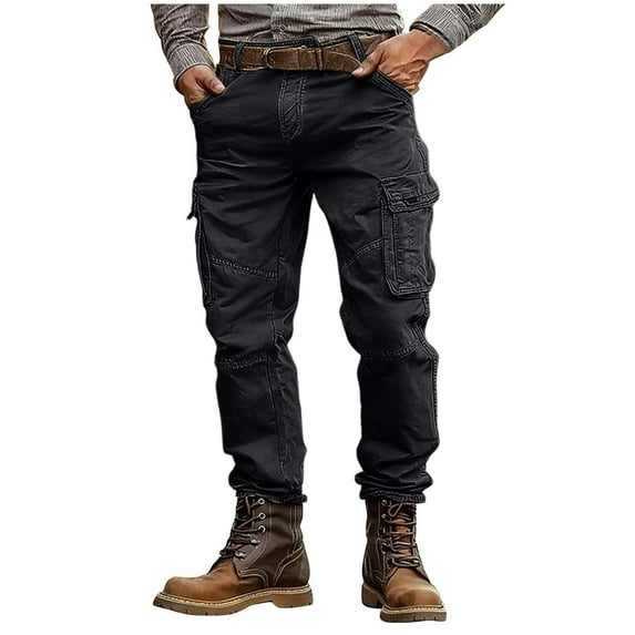 Qgtaibl Cotton Cargo Pants for Men Stylish Outdoor Work Pant Multi-Pocket Athletic Hiking Trousers (Black 38)