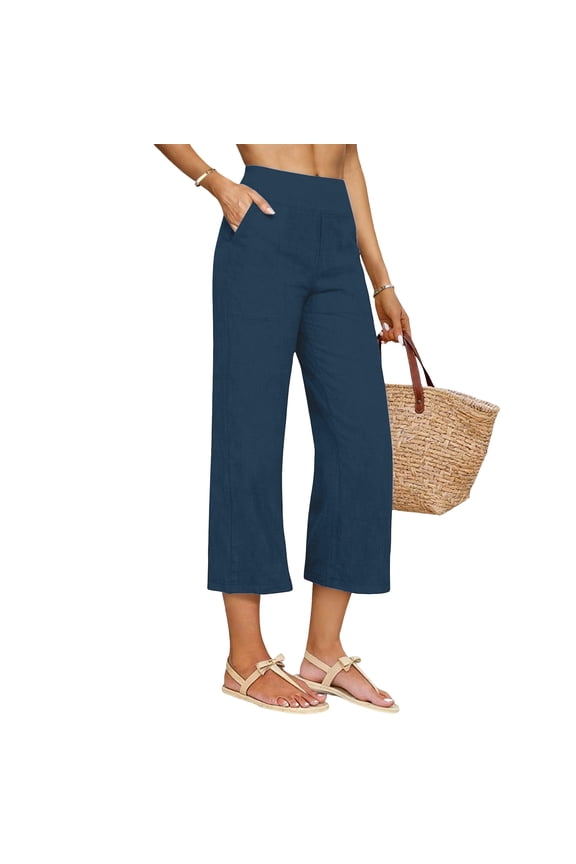 Cotton Linen Gauze Capri Pants for Women High Waist Wide Leg Cropped Pants with Pockets Casual Lightweight Straight Leg Trousers for Summer Work Navy M