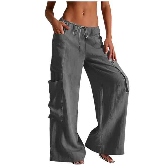 Qgtaibl Cotton Wide Leg Cargo Pants for Women Drawstring Elastic Waist Trousers with Multiple Pockets Summer Loose Fit Comfy Lounge Pants Dark Gray S