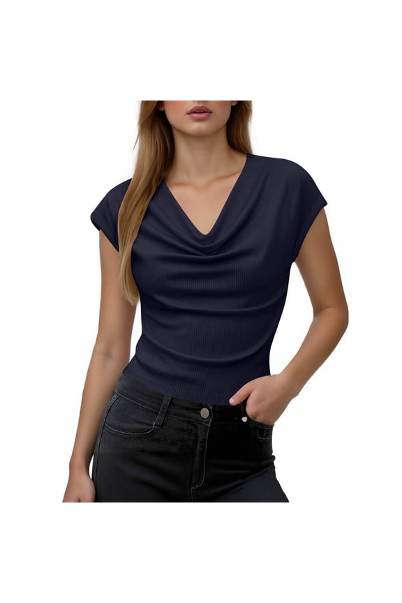 Cowl Neck Cap Sleeve Shirts for Women Ribbed Knit Summer Blouses Casual Lightweight Vacation Tops Elegant Going Out Tshirts Navy L