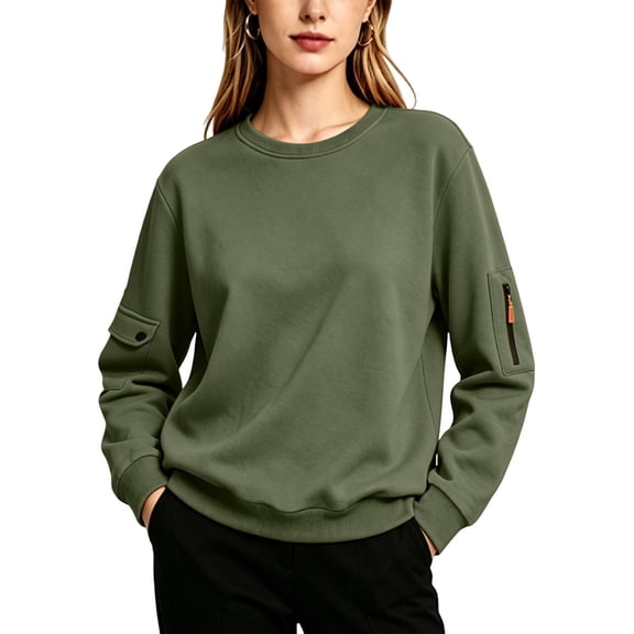 Qgtaibl Crewneck Sweatshirts for Women Zipper Cargo Sleeve Pocket Long Sleeve Tops Solid Color Loose Fit Casual Utility Pullover Shirts Army Green XXXL