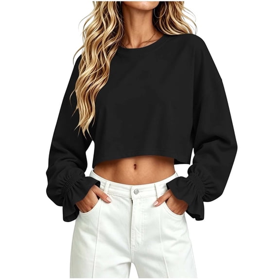 Qgtaibl Cropped Long Sleeve Sweatshirts Crew Neck Elastic Ruffle Cuff Pullover Tops Fall Loose Fit Comfy Streetwear Short Tops Black S