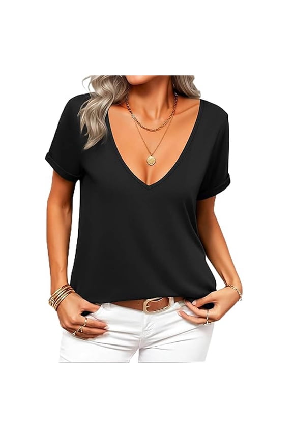 Deep V Neck Tops for Women Summer Short Sleeve Low Cut Shirts Solid Color Casual Loose Fit Tees Black XXL