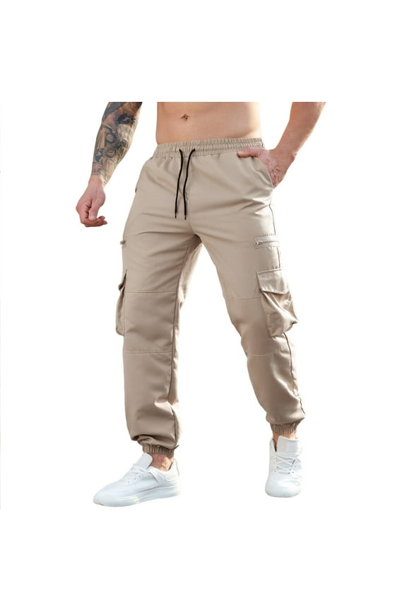 Drawstring Elastic Waist Cargo Pants for Men Casual Stretch Bottom Joggers Pant with Side Pockets Khaki (Mens L)