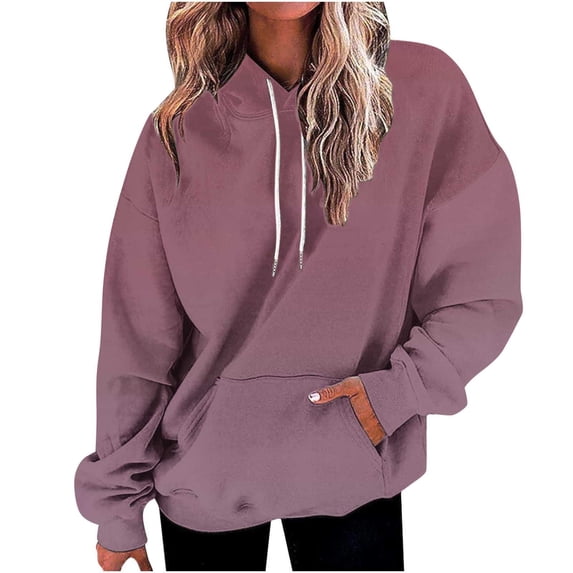 Qgtaibl Drawstring Hooded Sweatshirts for Women Kangaroo Pocket Drop Shoulder Long Sleeve Hoodies Baggy Lightweight Fall Daily Wear Tops Wine M