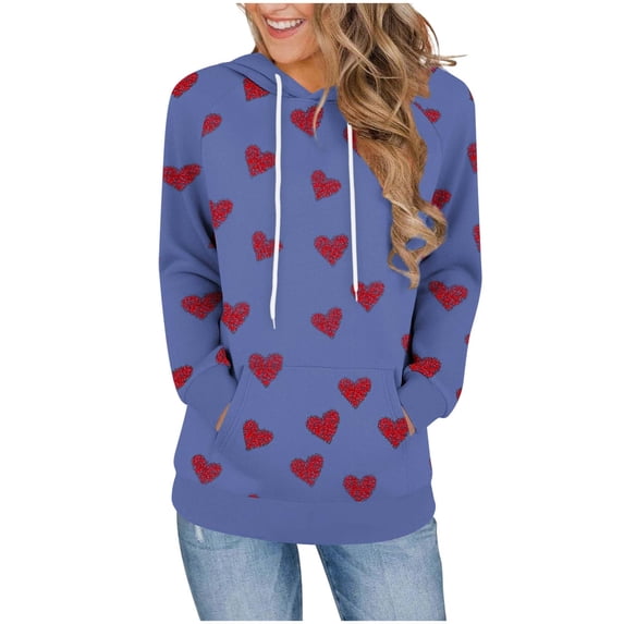 Qgtaibl Drawstring Hoodie Sweatshirt for Women Y2k Heart Print Long Sleeve Hoodies with Pocket Loose Fit Valentines Daily Pullover Tops Blue XXL