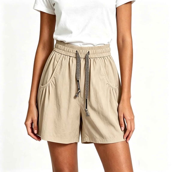 Qgtaibl Drawstring Shorts for Women Elastic High Waist Casual Shorts with Pockets Summer Loose Fit Solid Color Lounge Shorts for Daily Wear Khaki L