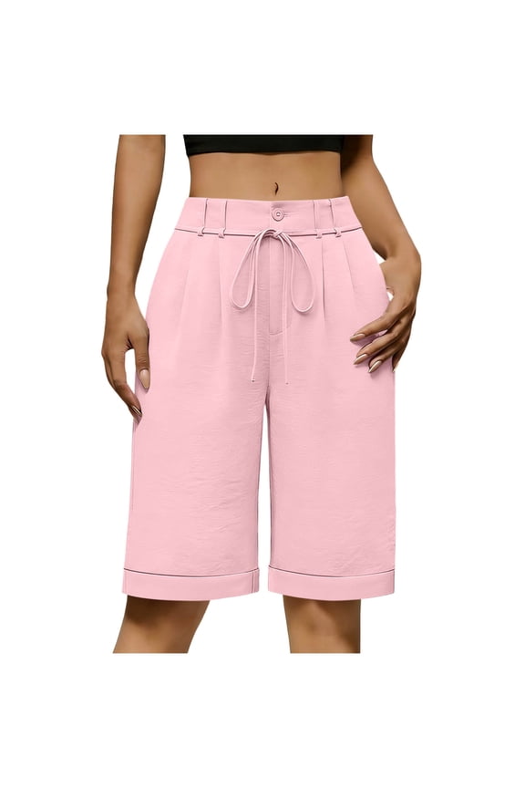 Drawstring Straight Leg Shorts for Women High Waisted Pleated Cotton Work Shorts Formal Solid Color Loose Fit Bermuda Shorts with Pockets Pink XXL