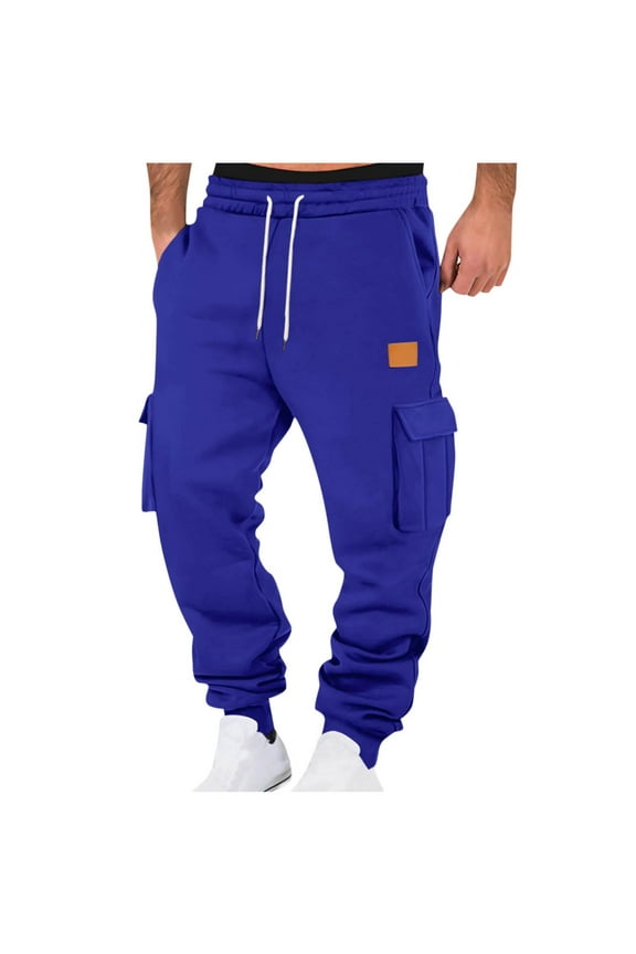 Fleece Cargo Sweatpants for Men Drawstring Elastic Waist Joggers with Pockets Winter Running Athletic Workout Pants Blue (Men's S)