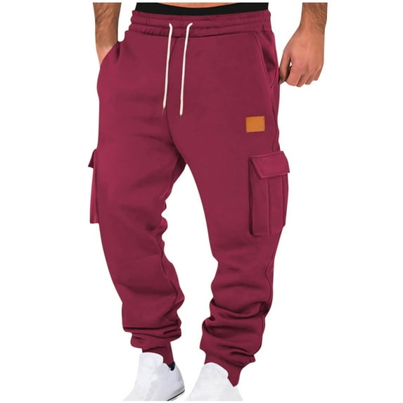 Qgtaibl Fleece Cargo Sweatpants for Men Drawstring Elastic Waist Joggers with Pockets Winter Running Athletic Workout Pants Red (Men's S)
