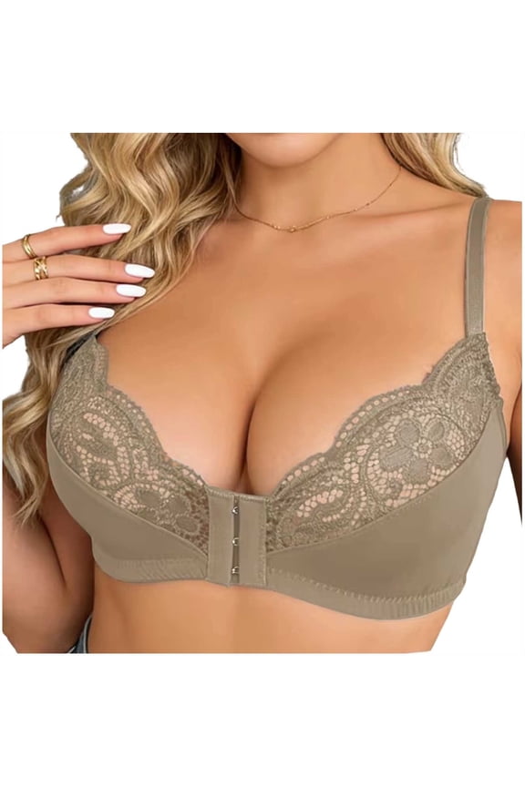 Half Cup Bra for Women Sheer Floral Lace Patchwork No Underwire Unpadded Bralette Slim Non-Slip Straps 3 Hooks Front Closure Daily Lingerie Khaki L