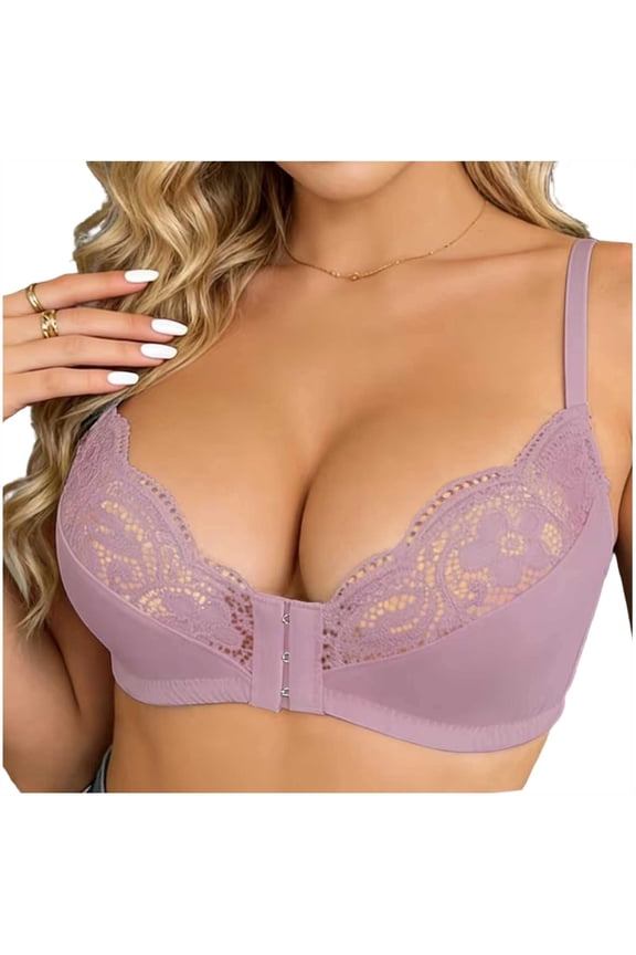 Half Cup Bra for Women Sheer Floral Lace Patchwork No Underwire Unpadded Bralette Slim Non-Slip Straps 3 Hooks Front Closure Daily Lingerie Purple S