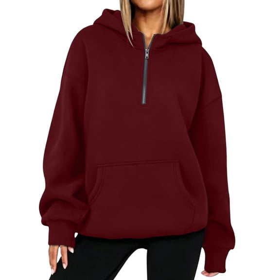 Qgtaibl Half Zip Hoodies for Women Fall Solid Color Long Sleeve Fleece Sweatshirt Kangaroo Pocket Casual Daily Outfit Tops Wine L
