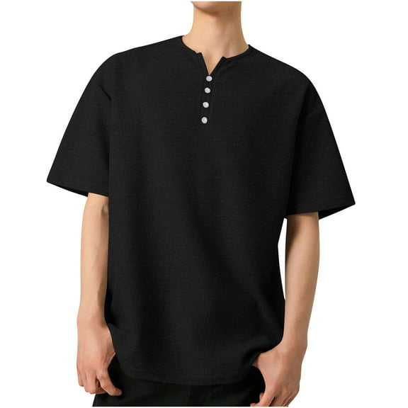 Qgtaibl Henley Shirts for Men Notch V Neck Short Sleeve T-Shirt Casual Loose Fit Everyday Tee Waffle Pullover Tops for Summer Black,L
