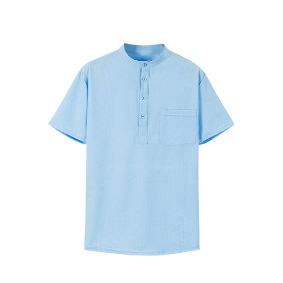 Qgtaibl Henley T Shirt for Men Casual Short Sleeve Button Stand Collar Tees Summer Lightweight Everyday Top with Pocket Light Blue,S