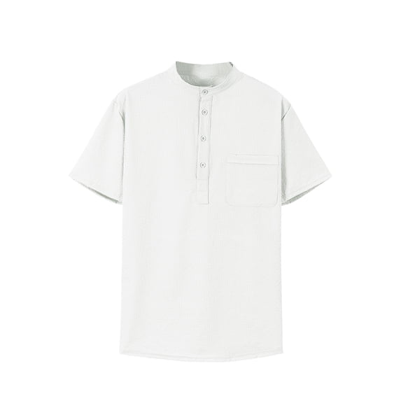 Qgtaibl Henley T Shirt for Men Casual Short Sleeve Button Stand Collar Tees Summer Lightweight Everyday Top with Pocket White,S