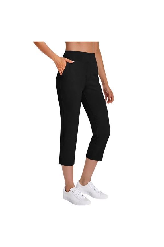 High Waisted Capri Dress Pants for Women Stretchy Straight Leg Cropped Pants with Pockets Pull-On Casual Work Trousers for Business Black XXL
