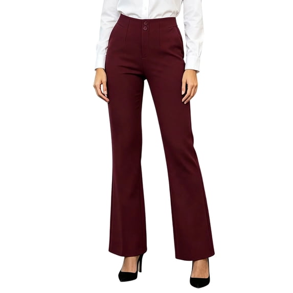 Qgtaibl High Waisted Flare Work Pants for Women Double Button Slim Fit Dress Trousers with Pockets Solid Color Business Casual Pants Wine XL