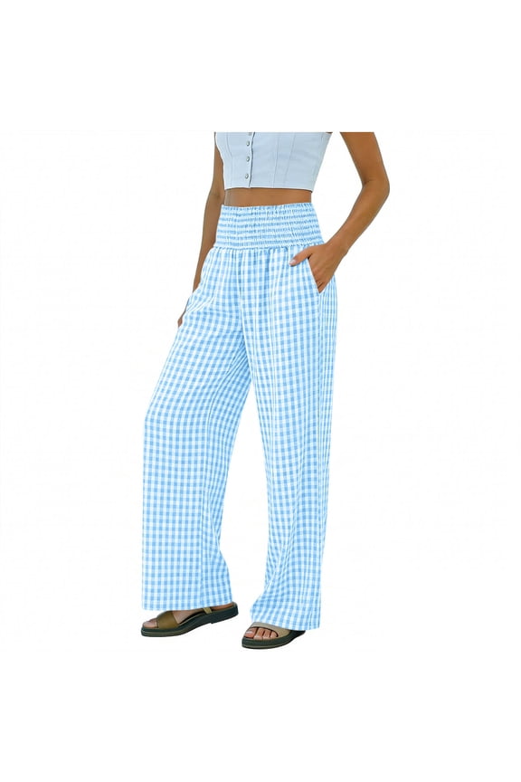 High Waisted Plaid Wide Leg Pants for Women Casual Gingham Print Smocked Slacks with Pockets Summer Lightweight Baggy Vacation Trousers Light Blue XL