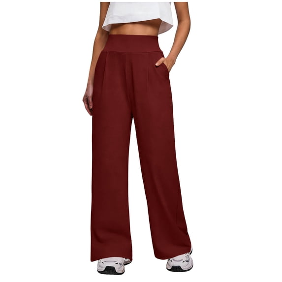 Qgtaibl High Waisted Wide Leg Pants for Women Elastic Waist Pleated Work Pants with Pockets Summer Stretchy Casual Business Trousers Wine XL