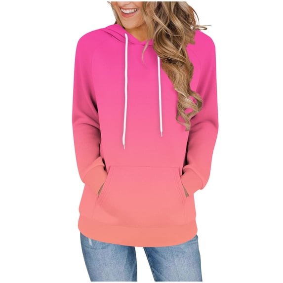 Qgtaibl Hooded Pullover for Women Trendy Gradient Color Raglan Long Sleeve Daily Hoodies Drawstring Kangaroo Pocket Comfy Fall Sweatshirts Hot Pink XL