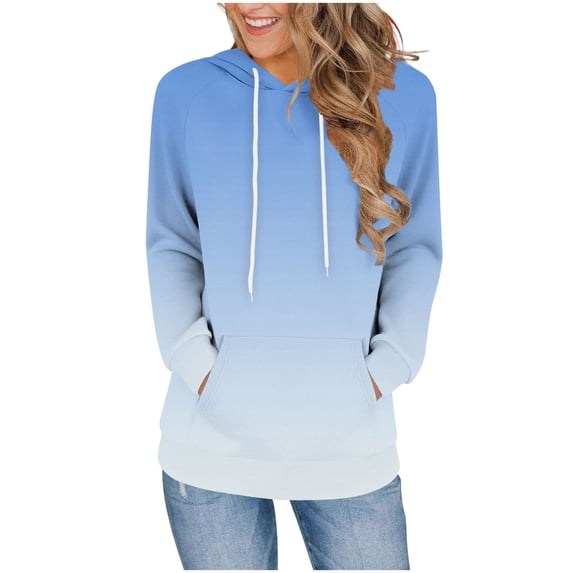 Qgtaibl Hooded Pullover for Women Trendy Gradient Color Raglan Long Sleeve Daily Hoodies Drawstring Kangaroo Pocket Comfy Fall Sweatshirts Light Blue XXL