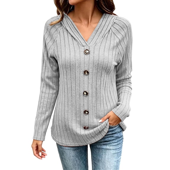Qgtaibl Hooded Tops for Women Ribbed Knit Raglan Long Sleeve Pullover Shirts Soft Stretchy Decorative Button Tunics Gray XXL