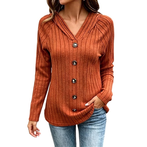 Qgtaibl Hooded Tops for Women Ribbed Knit Raglan Long Sleeve Pullover Shirts Soft Stretchy Decorative Button Tunics Orange XL