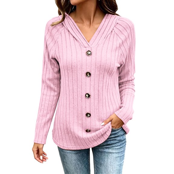 Qgtaibl Hooded Tops for Women Ribbed Knit Raglan Long Sleeve Pullover Shirts Soft Stretchy Decorative Button Tunics Pink S