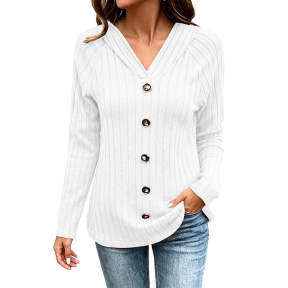 Qgtaibl Hooded Tops for Women Ribbed Knit Raglan Long Sleeve Pullover Shirts Soft Stretchy Decorative Button Tunics White XXXL