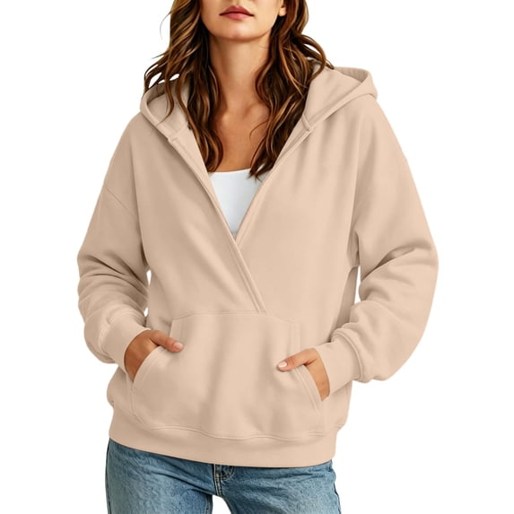 Qgtaibl Hoodies for Women Fashion Wrap V Neck Fleece Hooded Sweatshirts Kangaroo Pocket Drop Shoulder Long Sleeve Loose Fit Casual Pullover Tops Beige S