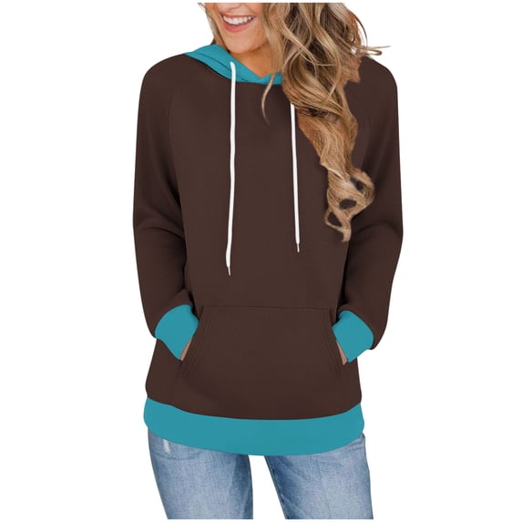 Qgtaibl Hoodies for Women Raglan Long Sleeve Drawstring Hooded Sweatshirts Kangaroo Pocket Color Block Loose Fit Pullover Tops Coffee M