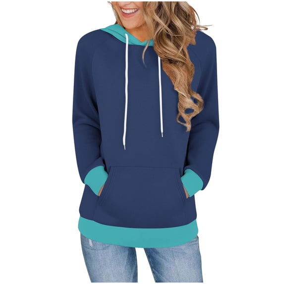 Qgtaibl Hoodies for Women Raglan Long Sleeve Drawstring Hooded Sweatshirts Kangaroo Pocket Color Block Loose Fit Pullover Tops Navy L