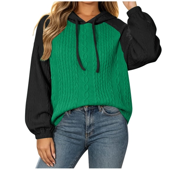 Qgtaibl Knit Hooded Sweatshirts for Women Raglan Lantern Sleeve Elastic Cuff Pullover Tops Color Block Textured Knit Casual Hoodies for Fall Winter Going Out Green M