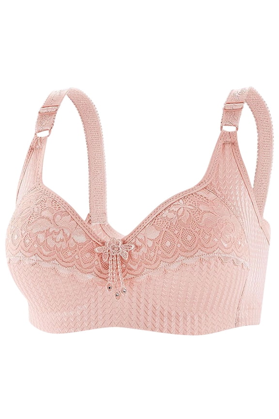 Lace Wireless Push Up Bra for Women Jacquard Full Cup Rhinestone Tassel Pendant Bras Adjustable Wide Straps Anti Sagging Underwear Pink L