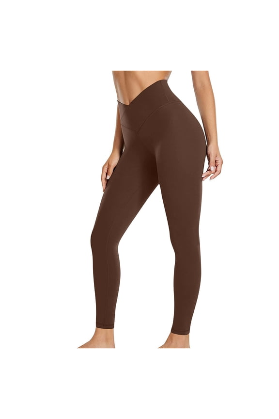 Leggings for Women Crossover High Waist Yoga Pants Stretchy Butt Lifting Tummy Control Gym Workout Tights ( Brown,S )