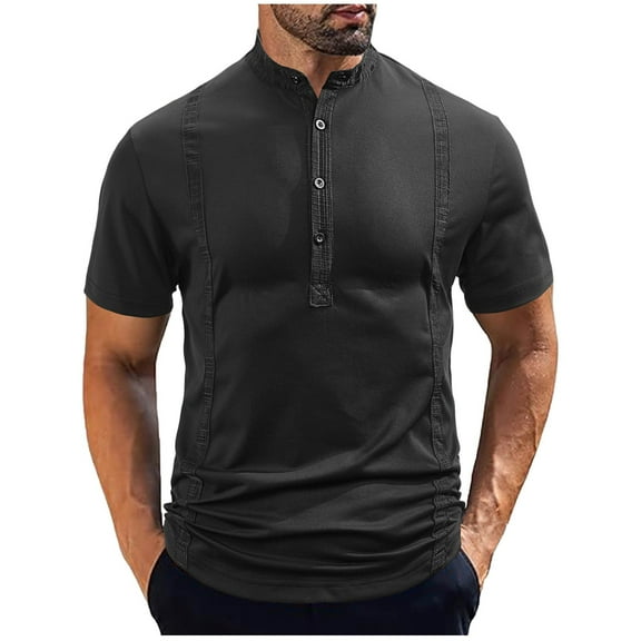 Qgtaibl Lightweight Henley Shirts for Men Short Sleeve Basic T-Shirt Solid Color Collared Button Down Pullover Summer Tee Tops Black,S