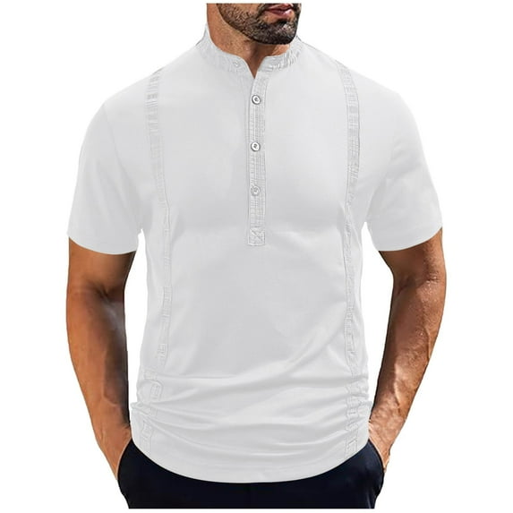 Qgtaibl Lightweight Henley Shirts for Men Short Sleeve Basic T-Shirt Solid Color Collared Button Down Pullover Summer Tee Tops White,L