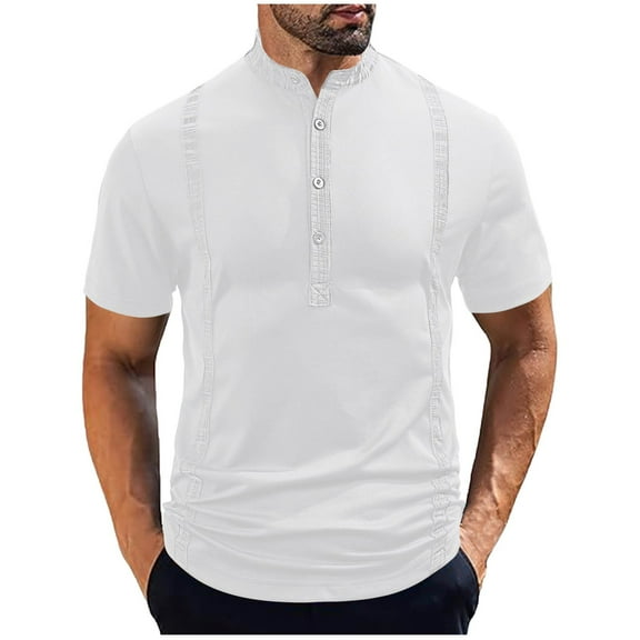 Qgtaibl Lightweight Henley Shirts for Men Short Sleeve Basic T-Shirt Solid Color Collared Button Down Pullover Summer Tee Tops White,XXL
